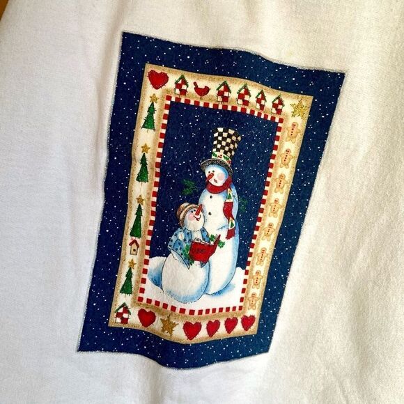 80s Hanes Her Way Wide Neck White Sweater DIY Snowman Graphic Sparkle Puff Paint - Picture 3 of 8
